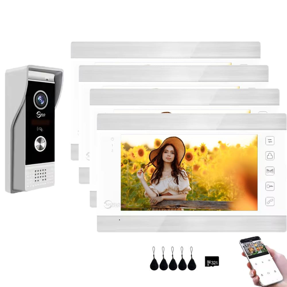 Portero automático con vídeo con cable, monitor con pantalla táctil HD 1080P (Blanco), interfono con vídeo WiFi TUYA, visión nocturna, detección de movimiento (1 campana + 4 monitor)