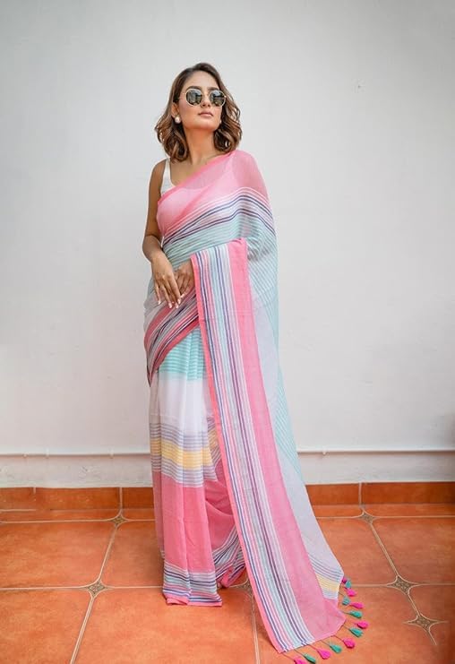 Image of RAJESHWAR FASHION WITH RF Women's Lime Green Floral Print Linen Cotton Saree with Contrast Pallu, Tassel Border, Traditional Summer Festive with Blouse Piece