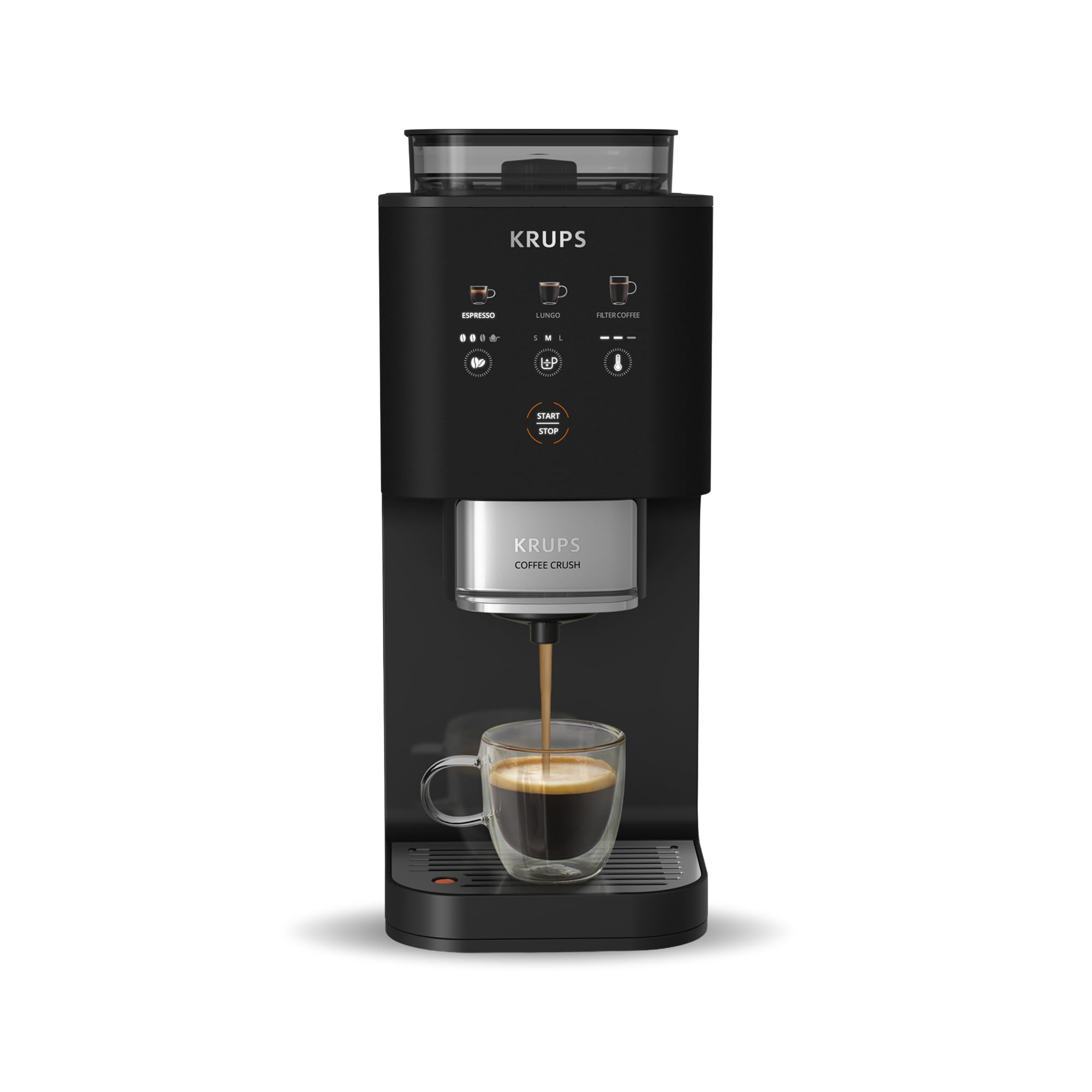 KRUPS Coffee Crush, Cafetera automática, Café en Grano y Molido, 15 Bares, 3 recetas de café, 3 niveles de temperatura y de molienda, Pantalla táctil, Compacta 15 cm de ancho, Negro, SA4028E0