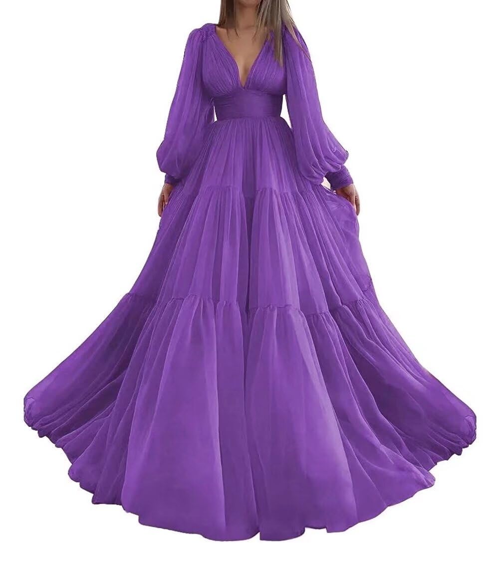 Purple Tulle Prom Dress – Long Sleeve, V-Neck, Puffy Sleeve Maxi Gown With Back Lace-Up - View #7