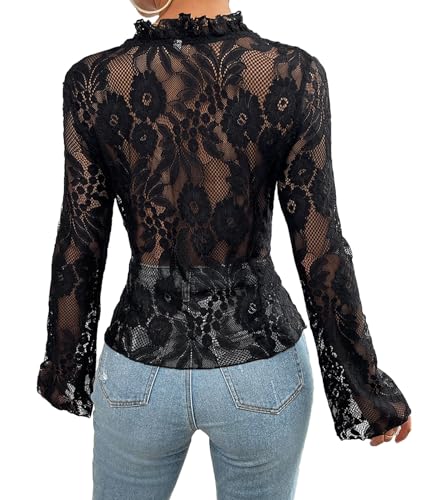 Image of xxxiticat Women's Long Sleeve Lace Top V Neck Ruffle Trim Hollow Out Front Open See Through Floral Tie Up Cardigan Shirt