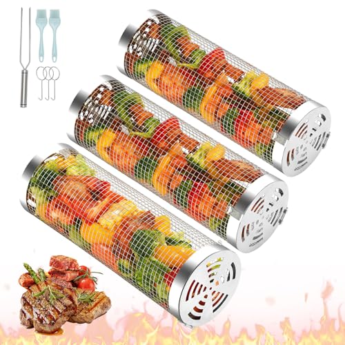 3pcs Rolling Grill Baskets,Grill Veggie Basket,BBQ Baskets for Grilling,Round Stainless Steel Grill Baskets for Outdoor Grill,camping basket for Meat, Vegetables, Chips, Fish,Shrimp, Multipurpose