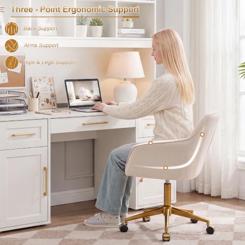 Image of Zesthouse Vanity Chair with Wheels for Girl Women, Swivel Office Desk Chair | Beige Chenille Rolling Office Chair with Arms & Gold Base, Upholstered Fabric Desk Chair for Bedroom, Height Adjustable Chair