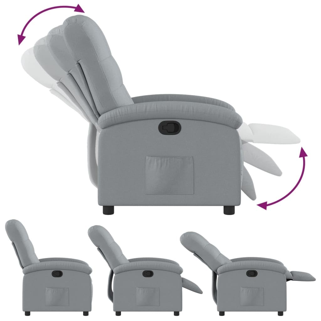 Fotel relaksacyjny, jasnoszary, materiał z regulowanym oparciem i podnóżkiem, ergonomiczne siedzisko z tapicerką, drewniany metalowy stelaż, idealny do salonu, biura, czytania i relaksu