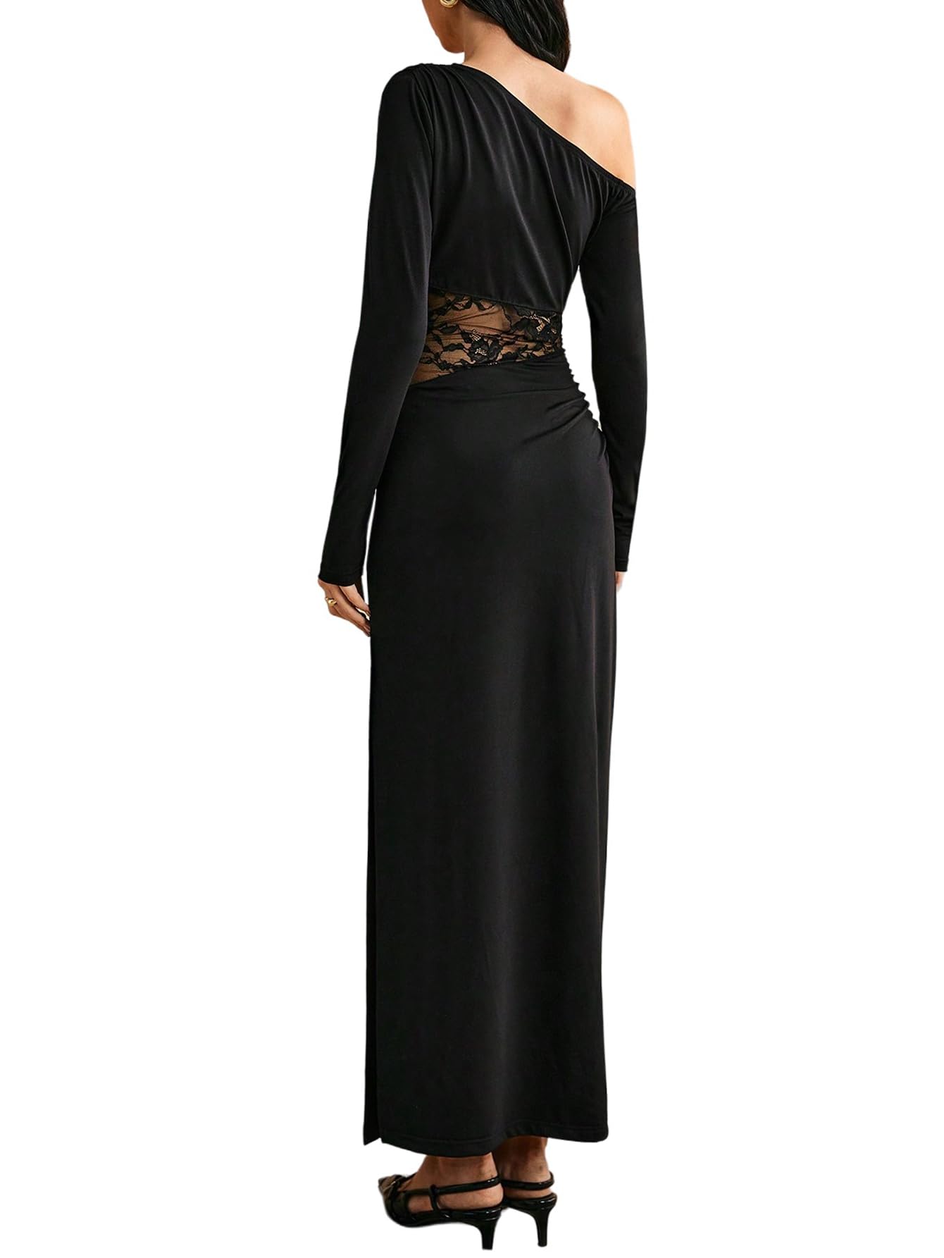 SweatyRocks Maxikleid Damen Elegant Langarm Off Shoulder Kleid Hochzeitsgast Spitzenkleid Bodycon Kleid Mit Schlitz Partykleid Winterkleid