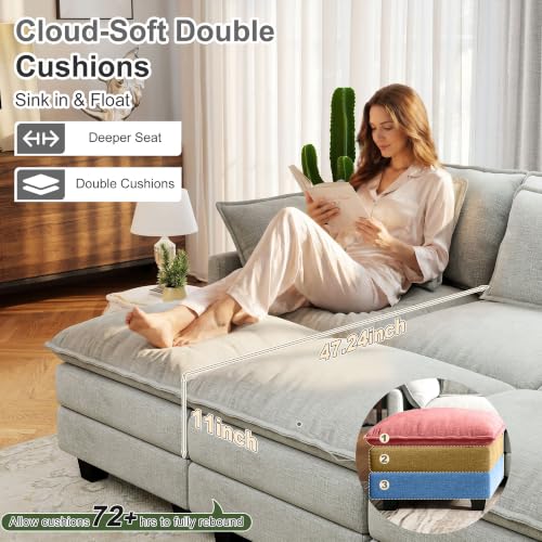 Image of 107 inch Cloud Couch Sectional Modular Sofa, Deep Seat Couches with Ottoman and Removable Washable Pillows for Living Room, Bedroom, Apartment, Light Grey