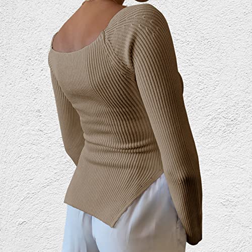 Image of Women's Square Neck Ribbed Knitted Sweater Long Sleeve Crop Slim Fitted Basic Pullover Tops