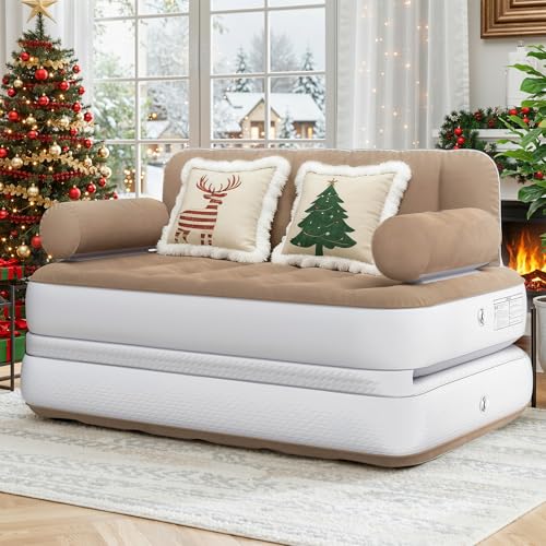 DWVO Air Sofa Bed Mattress with Headboard, Queen Size Inflatable Sofa Bed with Pump & Cup Holders, Blow Up Couch for Home/Apartment/Camping, Brown & White