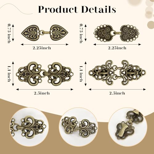 Image of 4 Pairs Vintage Cinch Clip Cloak Clasps and Fasteners, Antique Bronze Sew-on Cape Fastener, Retro Medieval Victorian Cardigan Clips for Sweaters, Celtic Hook and Eye Closure
