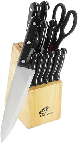 lightahead Acero Inoxidable 13pcs Juego de cuchillos de cocina con bloque de madera de gomaCuchillo de cocinero, cuchillo de pan, cuchillo para