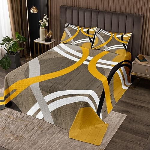 Juego de colcha para niños y niñas, diseño moderno de círculos ondulados, color amarillo y gris, colcha acolchada con 1 funda de almohada