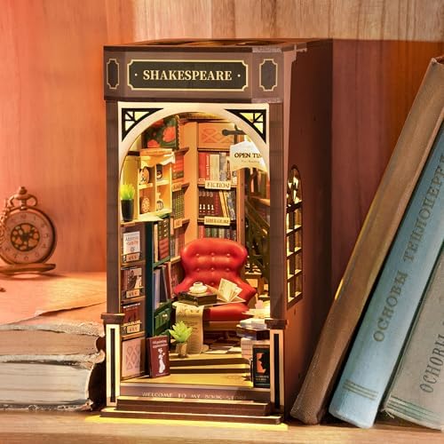 Rolife Shakespeare Bookstore Book Nook Kit für Erwachsene mit Licht | DIY Miniaturhaus Ohne Kleber, 194-teiliges 3D-Puzzle, Booknook Library Buchstütze Basteln als Haus Dekoration