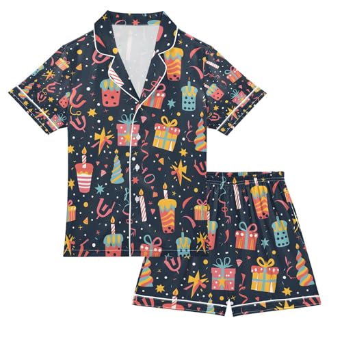 senya Happy Birthday Cake Satin Summer Pajama Sets Silk Short Sleeve Button Down Sleepwear