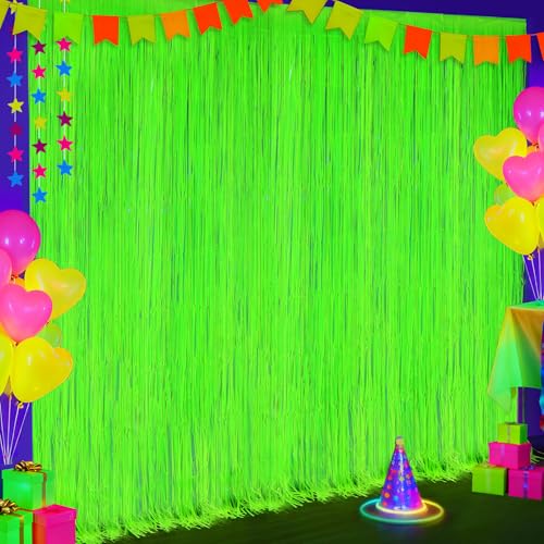 Image of 2 Pack Glow in The Dark Party Streamers, Neon Party Decorations Fluorescent Macaron Yellow Tinsel Foil Fringe Curtains, Photo Booth Prop Backdrop Streamers, Birthday Halloween Party Decorations