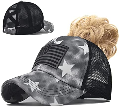 American Flag Star Baseball Hat for Women, Snap Back Adjustable USA Flag Trucker Hats, Fashion Criss Cross Baseball Ponytail Caps