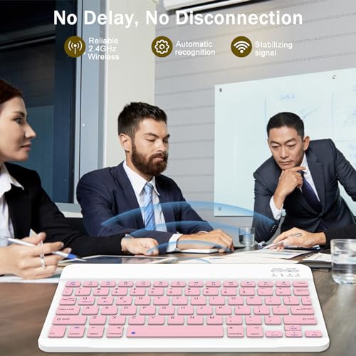Image of Rechargeable Bluetooth Keyboard and Mouse Combo, Universal Ultra-Slim Wireless Keyboard Mouse Set for Android Windows iPad iPhone Samsung Tablet Portable Compact Keyboard Set (Pink)