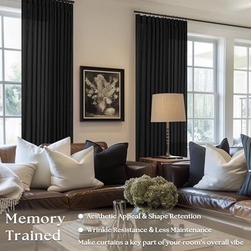 Image of Black Linen Curtains 102 Inches Long 2 Panels for Living Room Modern Thick Linen Flax Pinch Pleated Memory Trained Light Filtering Ceiling Semi Sheer 102 Inch Curtain with Hook Rings Back Tab