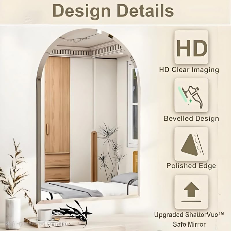 Image of 12x18 Inch Arch Wall Mirror | 5mm HD Glass | Decorative Mirror for Bathroom & Living Room | Frameless Design | Vertical Mount | Home & Office Use