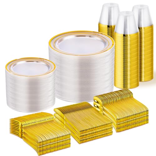 WELLIFE 600 PCS Clear Gold Disposable Dinnerware Set for 100 Guests — Elegant Gold rimmed Plastic Plates, Cups & Cutlery for Weddings, Receptions & Holiday Events, BPA-Free, Clear and Gold