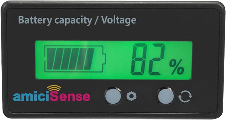 amiciSense 8~70V Battery Capacity Indicator for Lead Acid Battery, Check Battery Voltage and Charge Percentage of E-Rickshaw and E-Bikes, Green Display