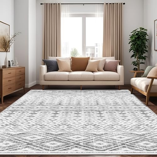 Light Grey Moroccan Soft Geometric Non-Slip 8x10 Washable Indoor Rug