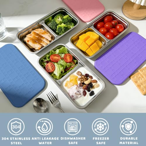 Image of 15 oz Snack Containers for Kids, Stainless Steel Lunch Box 3 Pack | Reusable Food Containers with Silicone leak resistant Lids. Perfect for School Lunch, Daycare, Travel and Portion Control