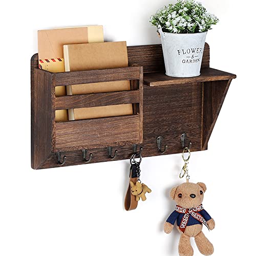 Shinoske Porte clef mural, Crochet à clé mural en bois avec étagère, vintage range porte-courriers mural avec 6 crochets pour clés, lettres, journaux