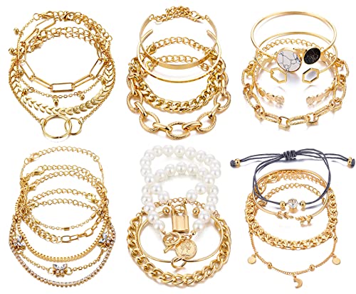 Image of 17IF 18-25 PCS(6 Pack) Boho Gold Silver Stackable Bracelets Set for Women | Chunky Dainty Bangles Adjustable Chain Flat Cuff Cuban Punk Charm Bundle Jewelry