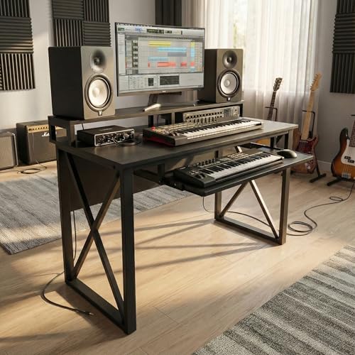 Image of FFo Music Studio Desk | Music Studio Desk with Keyboard Tray | Workstation,Laptop PC Computer, Music Instrument Table for Music Producers | (Black) | (120L x 60W x 87H CM) | (DIY)