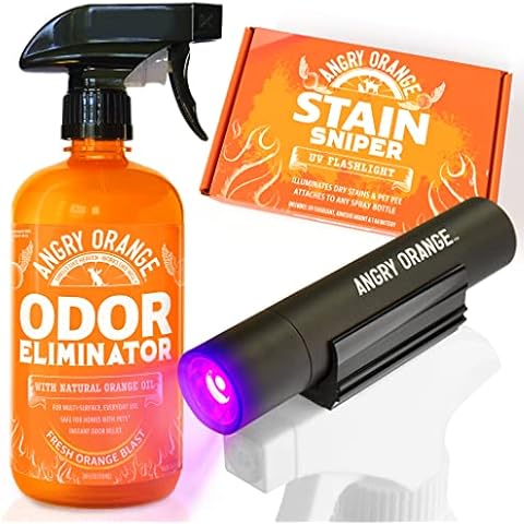 ANGRY ORANGE Pet Odor Eliminator Kit for Dog Urine - Citrus - 24 oz + UV Flashlight Cover