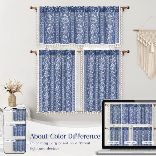Image of Yinhua Boho Kitchen Curtains and Valances Set Vintage Linen Blue Cafe Curtains Light Filtering Rod Pocket Valance Farmhouse Rustic Tassel Tier and Valance, 52 inch W X 18 inch L+26 inch W x 36 inch L