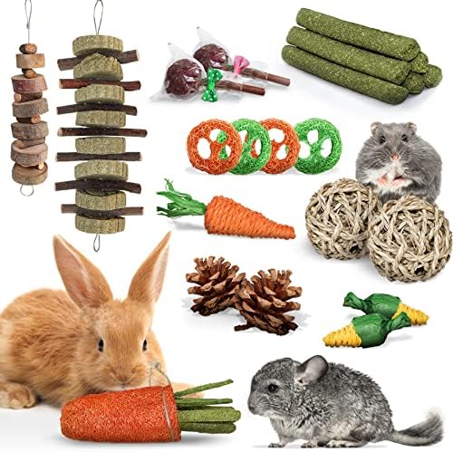 21 PCS Rabbit Toys, Bunny Hamster Chew Toy for Teeth Small Animal Boredom Breakers Natural Apple Wood Grass Ball String Loofah Carrot Treats Accessories for Chinchillas Guinea Pig Rat, Ferret