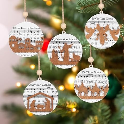 5 Pcs Wooden The Nativity Story Ornaments Set, Christian Music Sheet Nativity Scene Hanging Ornaments for Xmas Tree, Birth of Jesus Religious Gifts for Family Mom Dad Cover
