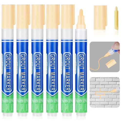 Flintronic 6 piezas Rotulador Juntas Azulejos de Color Crema, Rotulador juntas azulejos, Rotulador de lechada blanco para juntas de azulejos, Lápiz para Juntas, Restaura las juntas de baños y cocinas