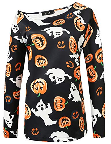 SSLR Women's Funny Off Shoulder Pumpkin Skeleton Halloween Shirts Pullover Tops Halloween Sweatshirt(Large, Black(3024))