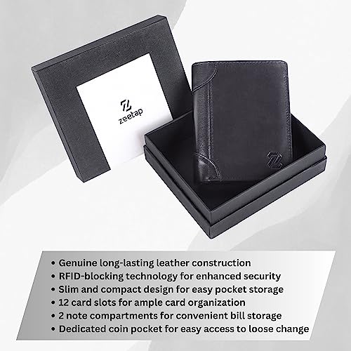 Image of Zeetap Genuine Leather Wallet for Men | RFID Blocking Wallet | Mens Leather Wallet with Zip | Slim Bifold Wallet with 9 Card Slots | Gift for Men (Black)