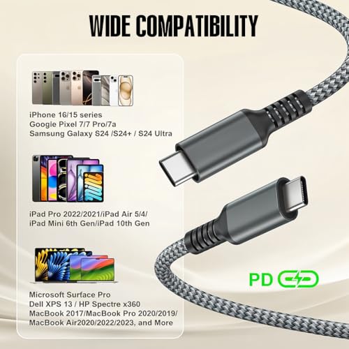 Image of Verilux 10Ft /3M Type C to Type C Cable, 100W /5A type c cable fast charging, 480Mbps Data Sync data cable c type, Braided Nylon USB C to USB C Cable for iPhone 16 /15, Galaxy S24 /S23, MacBook
