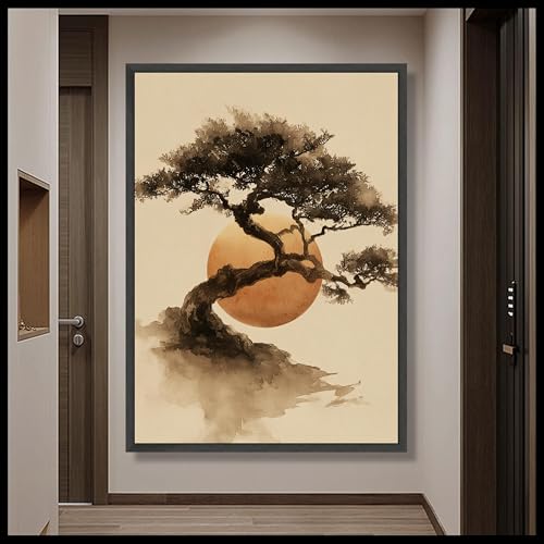 LMYCHENG Tableau mural bonsaï, impression sur toile zen japonaise, peinture à l'huile minimaliste silhouette de lever de soleil pour la décoration du salon...
