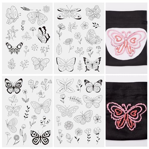 Image of Magibeads 64 Patterns Butterfly Flower Water Soluble Embroidery Patterns Spring Theme Stick and Stitch Transfer Embroidery Paper for Adult Beginners Hand Sewing Starter Kit