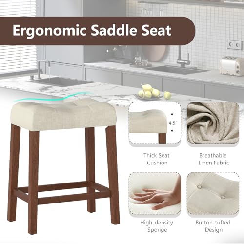 Image of Giantex 24 inch Bar Stools Set of 2, Upholstered Counter Height Saddle Bar Stools with Footrest and Wood Legs, Farmhouse Button Tufted Backless Barstools for Kitchen Island, Dining Room, Cafe, Beige+Brown