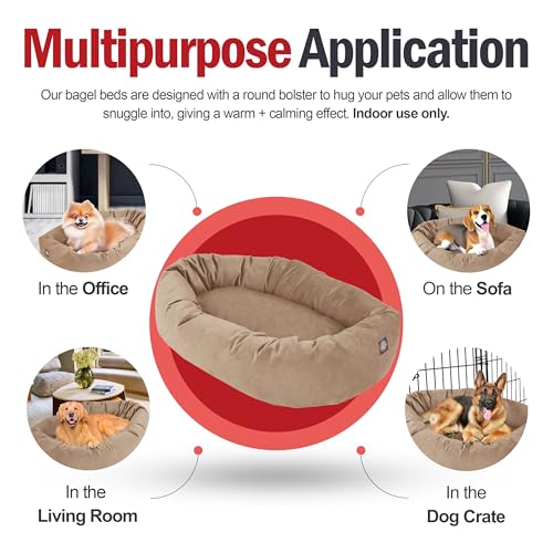 Image of Majestic Pet 32 Inch Suede Calming Dog Bed Washable - Cozy Soft Round Dog Bed with Spine Support for Dogs to Rest their Head - Fluffy Donut Dog Bed 32x23x7 (Inch) - Round Pet Bed Medium - Stone (2025)
