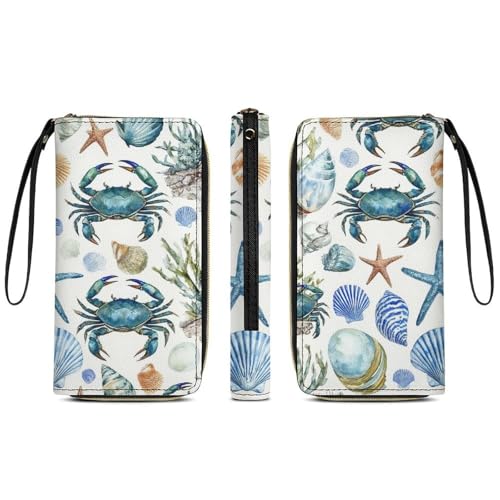 Women's Cute Decor Long PU Zipper Wallet, Travel Purse Fashion Design, Huge Storage Capacity Purse With Rope Under Sea Ocean Starfish Shell Coral Crab Watercolor3