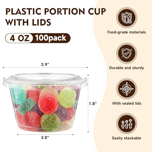 Image of YEEHAW 100 Sets - 4 oz Jello Shot Cups with Lids, Portion Cups, Clear Disposable Plastic Jello Shot Cups for Meal Prep, Salad Dressing, Souffle, Portion Containers