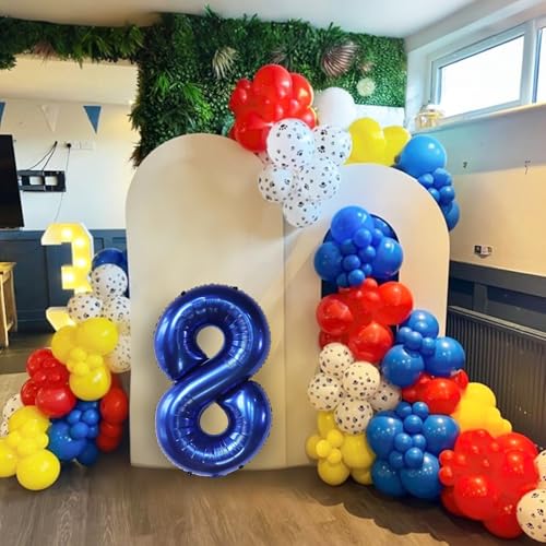Image of 6th Birthday Decorations Boy, Dog Paw Six Years Old Party Arch with Red Blue Yellow Long Latex Balloons 40 inch Number 6 Balloon and Star Foil for Paw Birthday Party Supplies