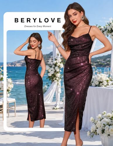 Image of BeryLove Summer Sequin Cocktail Prom Wedding Guest Dresses Sparkly Party Evening Formal Spaghetti Strap Dress