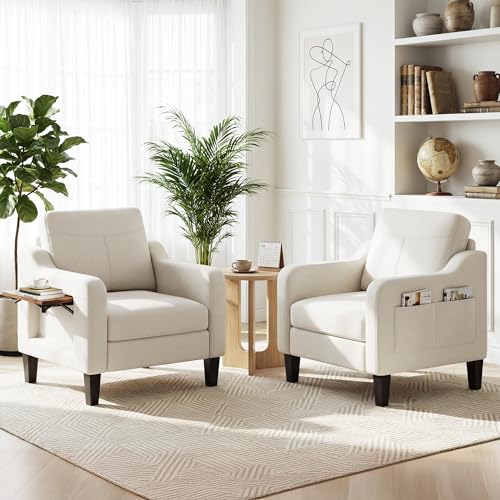 Homixis Accent Chairs Set of 2 for Living Room Mid-Century Upholstered Armchair with Foldable Table & 2 Side Pockets Modern Linen Wooden Sofa Chair for Bedroom & Reading Room Beige