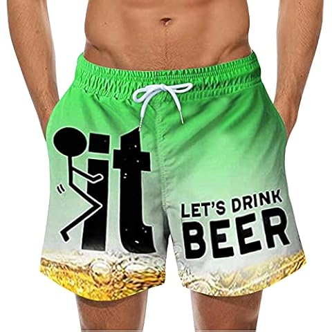 HULKAY Mens Let's Drink Beer Funny Swim Trunks Elastic Waist Mesh Lining Drawstring Board Shorts with Pockets Beach Shorts(Green,L) Cover