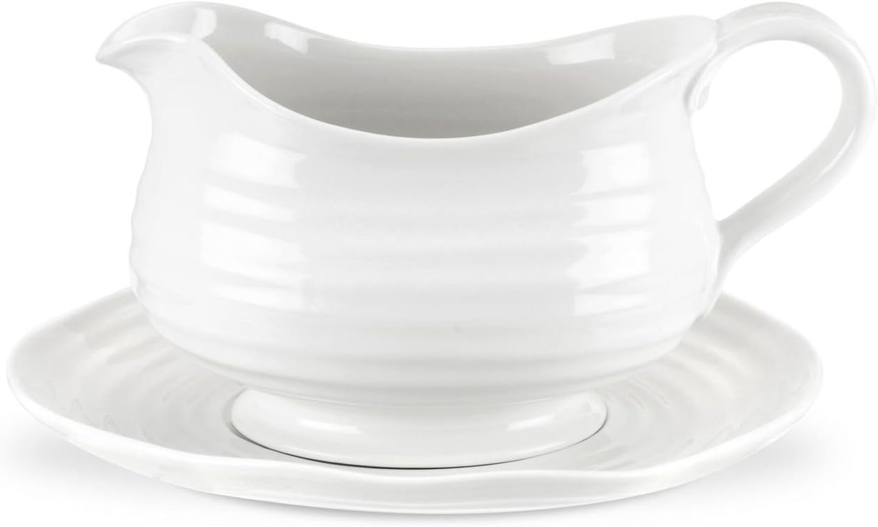 Portmeirion Sophie Conran Gravy Boat with Stand - 24oz White Porcelain Sauce Server, Oven/Microwave/Freezer/Dishwasher Safe, 9.5in Elegant Dinnerware
