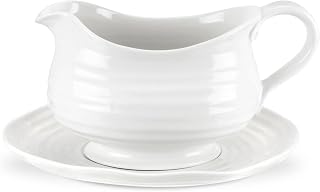Portmeirion Sophie Conran Gravy Boat with Stand - 24oz White Porcelain Sauce Server, Oven/Microwave/Freezer/Dishwasher Safe, 9.5in Elegant Dinnerware