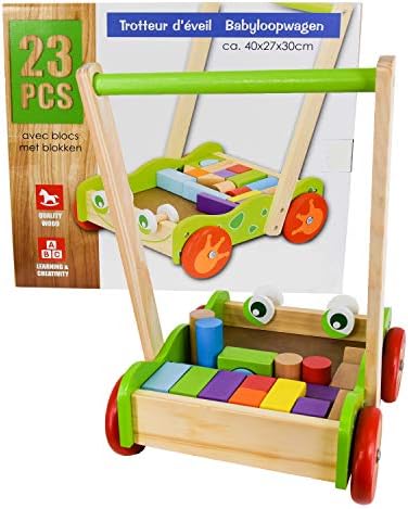 Baby Wooden Walker with Wooden Bricks Blocks Activity Cart Learning Toddler Educational Colourful Toy